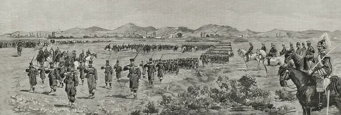 Framed Print : Parade of the troops after the review at Campos de Antezana (Antezana Fields), in the... 1878. Creators: Bernardo Rico, Domingo Munoz Framed Print : Parade of the troops after the review at Campos de Antezana (Antezana Fields), in the... 1878. Creators: Bernardo Rico, Domingo Munoz