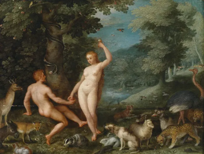Framed Print : Paradise Landscape with Eve Tempting Adam. Artist: Brueghel, Jan, the Younger (1601-1678) Framed Print : Paradise Landscape with Eve Tempting Adam. Artist: Brueghel, Jan, the Younger (1601-1678)