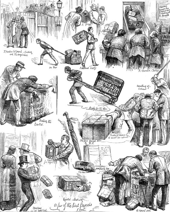 Framed Print : The Parcels Post: Sketches on the First Day, 1883. Creator: Unknown Framed Print : The Parcels Post: Sketches on the First Day, 1883. Creator: Unknown