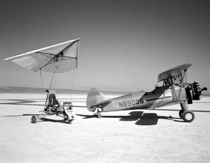 Framed Print : Paresev 1-A on lakebed with tow plane, USA, 1962. Creator: NASA Framed Print : Paresev 1-A on lakebed with tow plane, USA, 1962. Creator: NASA