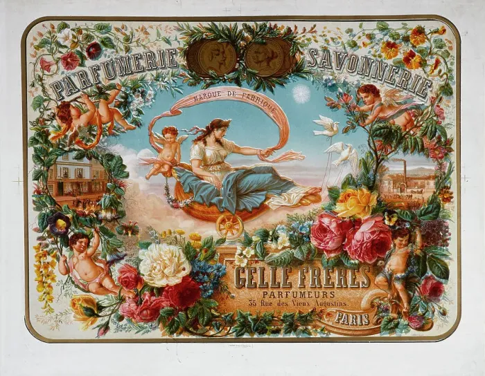 Framed Print : Parfumerie Savonnerie. Marque de Fabrique. Gellé Frères. Parfumeurs, ca 1867. Creator: Poquet, L. (active ca 1870) Framed Print : Parfumerie Savonnerie. Marque de Fabrique. Gellé Frères. Parfumeurs, ca 1867. Creator: Poquet, L. (active ca 1870)
