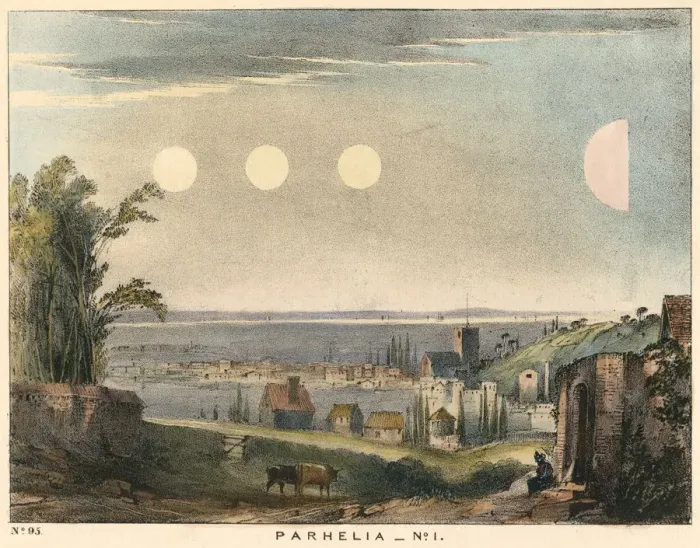 Framed Print : Parhelia (mock suns) without haloes, observed in England in 1698, (1845) Framed Print : Parhelia (mock suns) without haloes, observed in England in 1698, (1845)