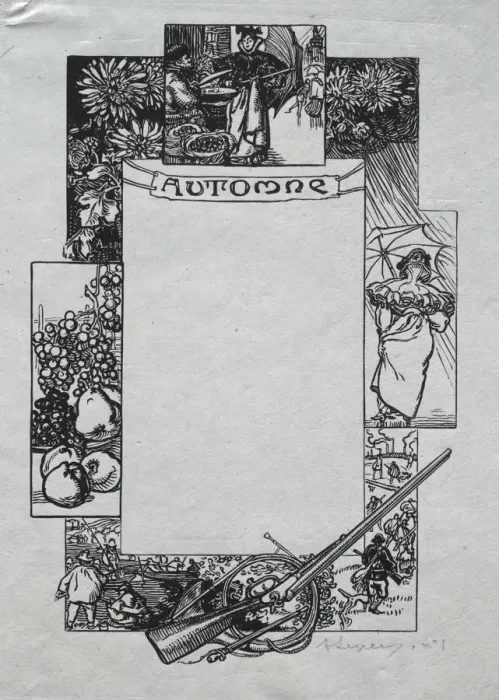 Framed Print : Paris Almanac, 1897: Decorative Border, Autumn, 1897. Creator: Auguste Louis Lepere (French Framed Print : Paris Almanac, 1897: Decorative Border, Autumn, 1897. Creator: Auguste Louis Lepere (French