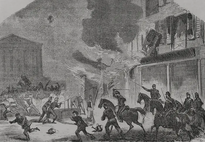 Framed Print : Paris Commune: Arsonist firefighters surprised by Versailles troops, 1871. Creators: Tomas Carlos Capuz, Miranda Framed Print : Paris Commune: Arsonist firefighters surprised by Versailles troops, 1871. Creators: Tomas Carlos Capuz, Miranda