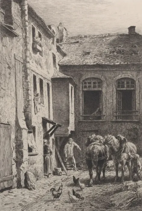 Framed Print : A Paris Courtyard in 1865. Creator: Charles Emile Jacque Framed Print : A Paris Courtyard in 1865. Creator: Charles Emile Jacque