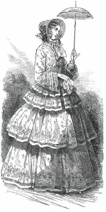 Framed Print : Paris Fashions for August - Promenade Dress, 1850. Creator: Unknown Framed Print : Paris Fashions for August - Promenade Dress, 1850. Creator: Unknown