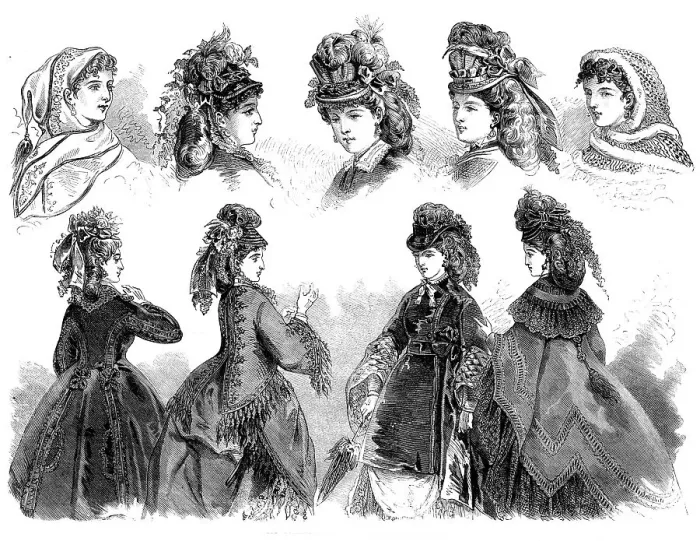 Framed Print : Paris fashions: head-dresses and mantles, 1871. Creator: Unknown Framed Print : Paris fashions: head-dresses and mantles, 1871. Creator: Unknown