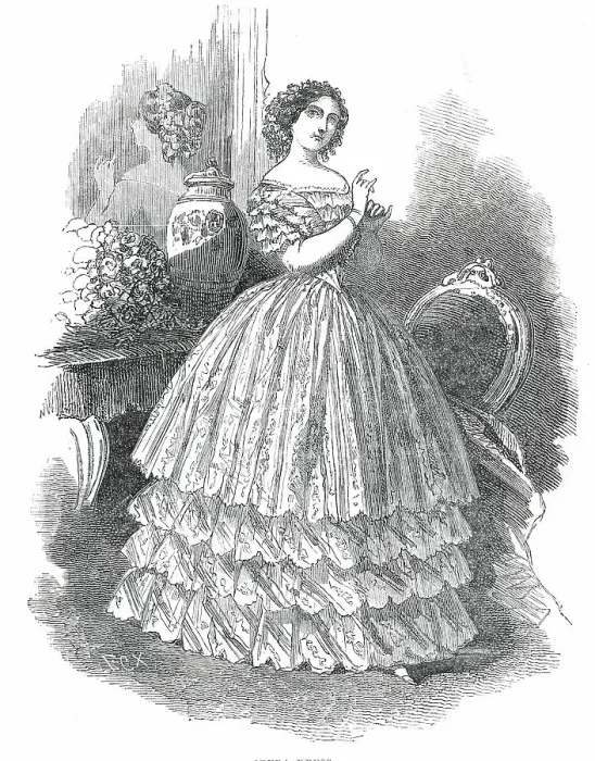 Framed Print : Paris Fashions for July - Opera Dress, 1850. Creator: Unknown Framed Print : Paris Fashions for July - Opera Dress, 1850. Creator: Unknown