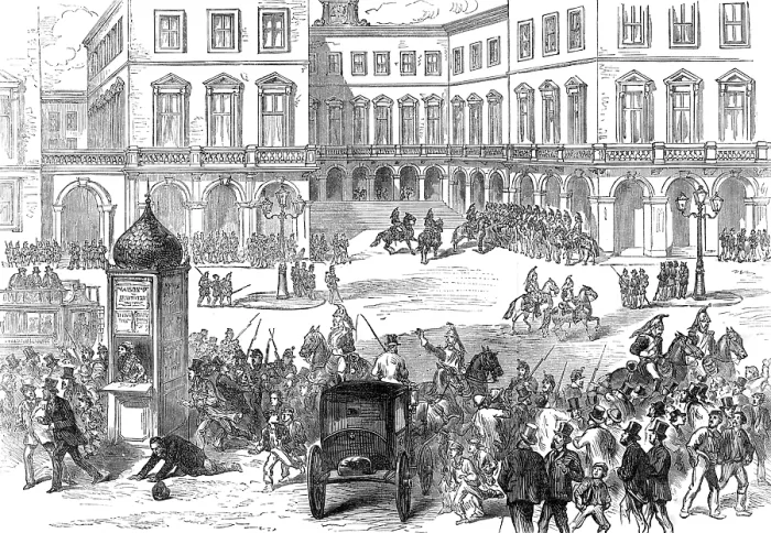 Framed Print : Paris Municipal Guard dispersing the crowd at the St. Lazare Railway Station, 1874. Creator: Unknown