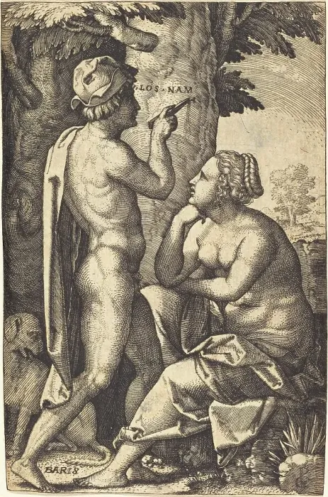 Framed Print : Paris Writing Words of Love to Oenone. Creator: Georg Pencz Framed Print : Paris Writing Words of Love to Oenone. Creator: Georg Pencz