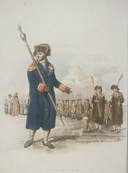 Framed Print : Parish Beadle in civic costume holding a staff, 1805. Artist: William Henry Pyne Framed Print : Parish Beadle in civic costume holding a staff, 1805. Artist: William Henry Pyne