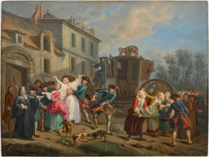 Framed Print : Parisian city scenes: arrest of prostitutes by the Provost Marshal and his guards, Mid 18th cent. Creator: Jeaurat, Etienne (1699-1789) Framed Print : Parisian city scenes: arrest of prostitutes by the Provost Marshal and his guards, Mid 18th cent. Creator: Jeaurat, Etienne (1699-1789)