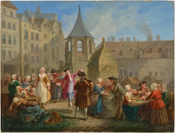 Framed Print : Parisian city scenes: a minuet by the French Garde and The pea sheller in the... Mid 18th cent. Creator: Jeaurat, Etienne (1699-1789) Framed Print : Parisian city scenes: a minuet by the French Garde and The pea sheller in the... Mid 18th cent. Creator: Jeaurat, Etienne (1699-1789)