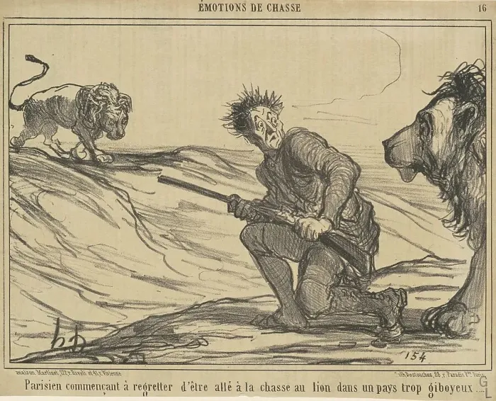 Framed Print : Parisien commencant a regretter... la chasse au lion... 19th century. Creator: Honore Daumier Framed Print : Parisien commencant a regretter... la chasse au lion... 19th century. Creator: Honore Daumier