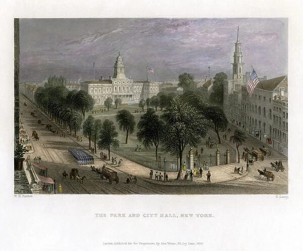 The Park and City Hall, New York, USA, 1838. Artist:s Lacey