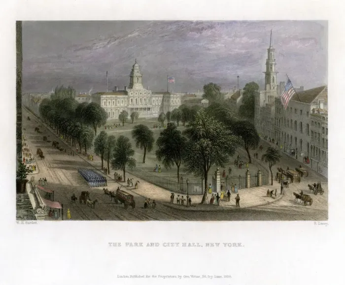 Framed Print : The Park and City Hall, New York, USA, 1838. Artist:s Lacey Framed Print : The Park and City Hall, New York, USA, 1838. Artist:s Lacey