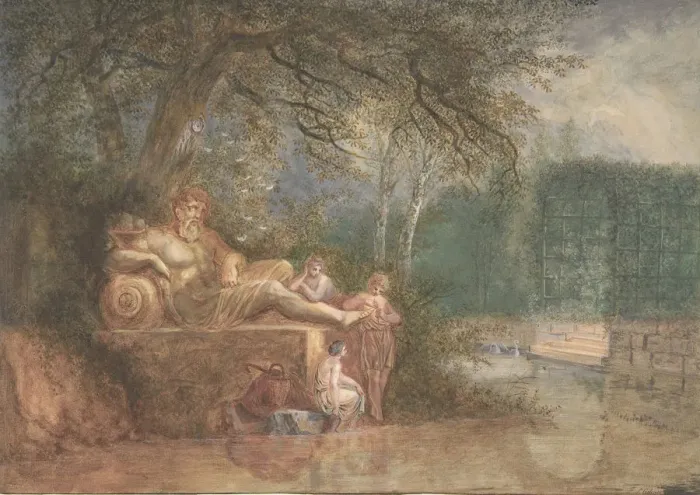 Framed Print : A Park with Figures at a Statue near Water, 1775 (?). Creator: Salomon Gessner Framed Print : A Park with Figures at a Statue near Water, 1775 (?). Creator: Salomon Gessner