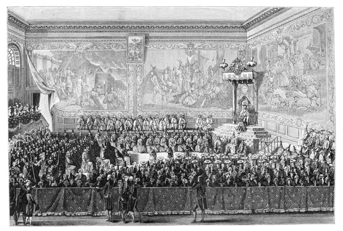 Framed Print : Parliament Meeting, Versailles 1776, (1885). Artist: Girardet Framed Print : Parliament Meeting, Versailles 1776, (1885). Artist: Girardet