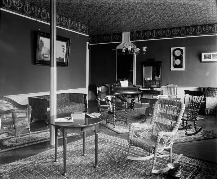 Framed Print : Parlor with piano, probably Ypsilanti, Michigan, between 1900 and 1910. Creator: Unknown Framed Print : Parlor with piano, probably Ypsilanti, Michigan, between 1900 and 1910. Creator: Unknown