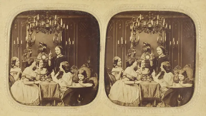 Framed Print : Parlor scene with a group of women and a little girl, 1855-1865. Creator: London Stereoscopic & Photographic Co Framed Print : Parlor scene with a group of women and a little girl, 1855-1865. Creator: London Stereoscopic & Photographic Co