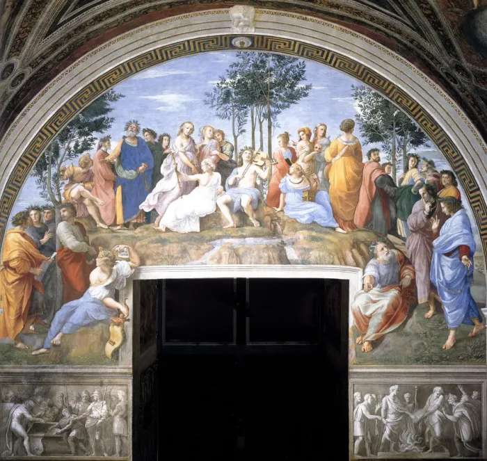 Framed Print : The Parnassus (Fresco in the Stanza della Segnatura), 1509-1511. Artist: Raphael (1483-1520) Framed Print : The Parnassus (Fresco in the Stanza della Segnatura), 1509-1511. Artist: Raphael (1483-1520)