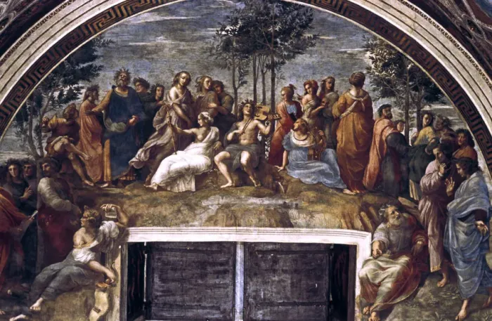 Framed Print : The Parnassus, from the Stanza delle Segnatura, 1510-1511. Artist: Raphael Framed Print : The Parnassus, from the Stanza delle Segnatura, 1510-1511. Artist: Raphael