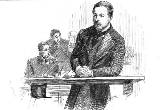 Framed Print : The Parnell Commission at the Royal Courts of Justice; Captain O Shea in the Witness Box, 1888. Creator: Unknown Framed Print : The Parnell Commission at the Royal Courts of Justice; Captain O Shea in the Witness Box, 1888. Creator: Unknown