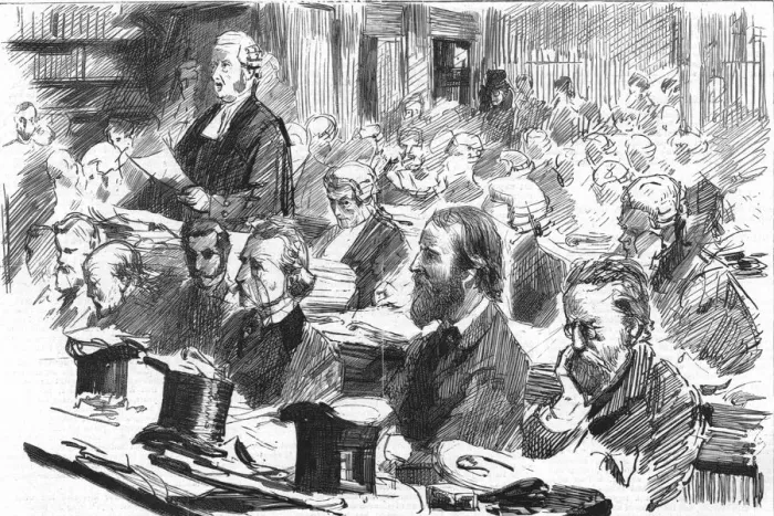 Framed Print : The Parnell Commission at the Royal Courts of Justice; The opening speech by the Attorney-General( Creator: Unknown) Framed Print : The Parnell Commission at the Royal Courts of Justice; The opening speech by the Attorney-General( Creator: Unknown)