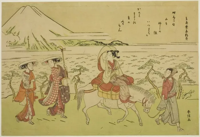Framed Print : Parody of Ariwara no Narihiras journey to the east, c. 1767 / 68. Creator: Suzuki Harunobu Framed Print : Parody of Ariwara no Narihiras journey to the east, c. 1767 / 68. Creator: Suzuki Harunobu