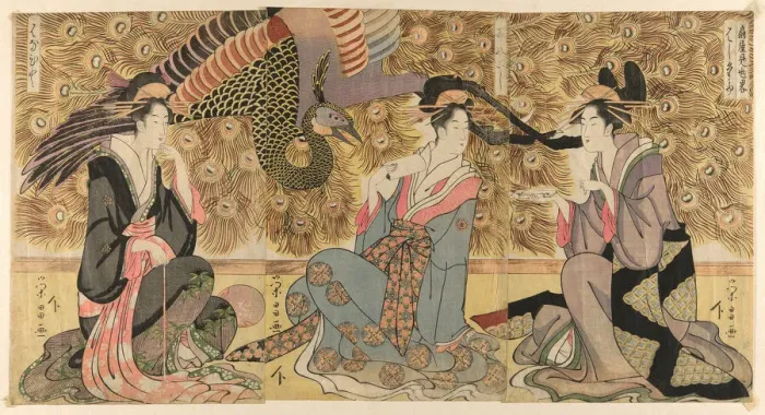 Framed Print : A parody of courtesans on display at the Ogiya (Ogiya mise yatsushi), c. 1795 Framed Print : A parody of courtesans on display at the Ogiya (Ogiya mise yatsushi), c. 1795