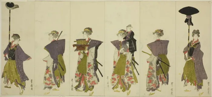 Framed Print : Parody of a daimyo procession, c. 1805 / 07. Creator: Utagawa Toyohiro Framed Print : Parody of a daimyo procession, c. 1805 / 07. Creator: Utagawa Toyohiro