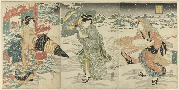 Framed Print : Parody of Liu Bei (J: Gentoku) Visiting Zhuge Liang (J: Komei) in Wind and Snow... c. 1844. Creator: Utagawa Kunisada Framed Print : Parody of Liu Bei (J: Gentoku) Visiting Zhuge Liang (J: Komei) in Wind and Snow... c. 1844. Creator: Utagawa Kunisada