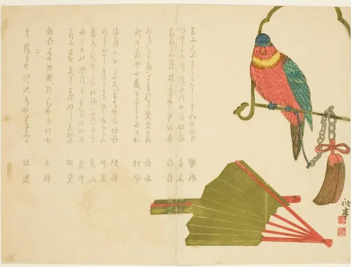 Framed Print : Parrot and Fans, 19th century. Creator: Tanaka Shutei Framed Print : Parrot and Fans, 19th century. Creator: Tanaka Shutei