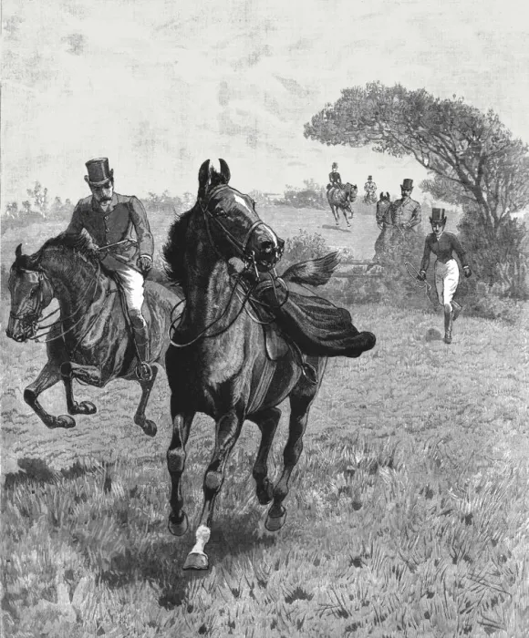 Framed Print : Parted'or, The Lady and her skirt--A slight mishap in the Hunting Field, 1890. Creator: Unknown Framed Print : Parted'or, The Lady and her skirt--A slight mishap in the Hunting Field, 1890. Creator: Unknown