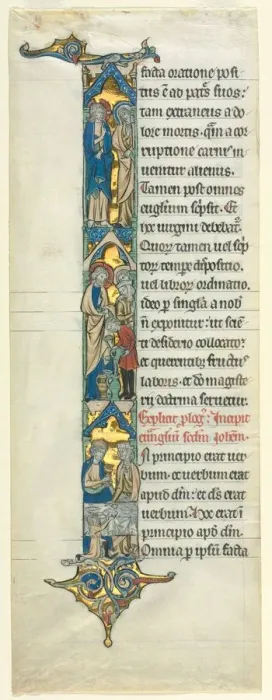 Framed Print : Partial Leaf from a Latin Bible: Initial I[n principio] with the Marriage at Cana, c