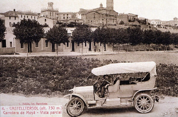 Partial view of Castelltercol (Barcelona), with a car on the road to Moià