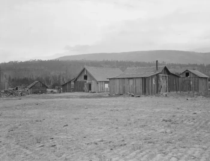 Framed Print : Partially-developed stump ranch seen across cleared grain field, Boundary County, Idaho, 1939. Creator: Dorothea Lange Framed Print : Partially-developed stump ranch seen across cleared grain field, Boundary County, Idaho, 1939. Creator: Dorothea Lange