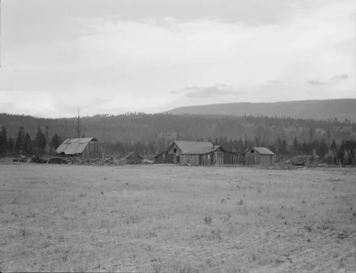 Framed Print : Partially-developed stump ranch seen across cleared grain field, Boundary County, Idaho, 1939. Creator: Dorothea Lange Framed Print : Partially-developed stump ranch seen across cleared grain field, Boundary County, Idaho, 1939. Creator: Dorothea Lange