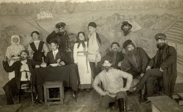 Framed Print : Participants in an amateur performance at the Znamensky Glass Factory, 1915. Creator: S. Ia. Mamontov Framed Print : Participants in an amateur performance at the Znamensky Glass Factory, 1915. Creator: S. Ia. Mamontov