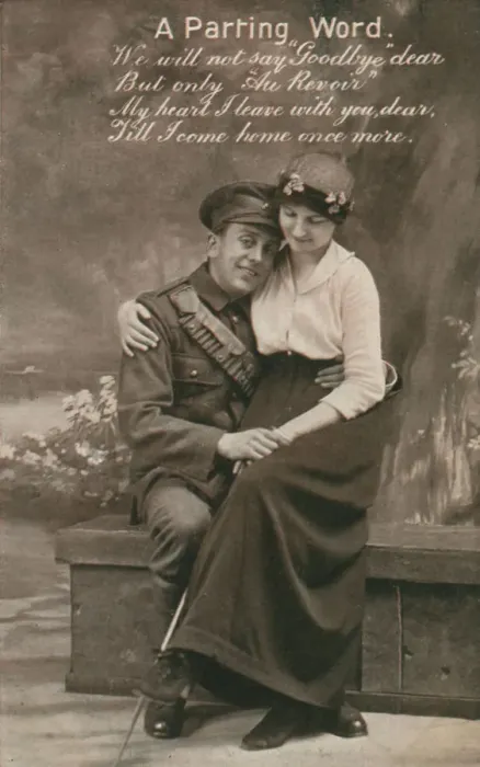 Framed Print : A Parting Word, romantic postcard featuring a soldier and his sweetheart Framed Print : A Parting Word, romantic postcard featuring a soldier and his sweetheart