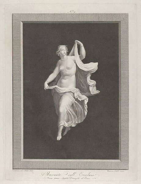 A partly nude bacchante stepping forward and holding ends of her drapery in each... ca