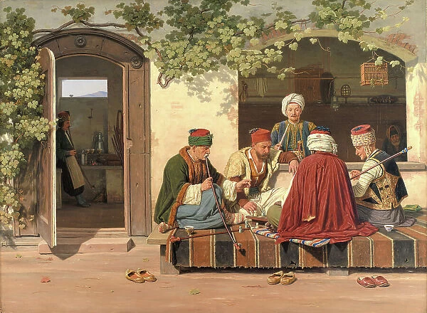 A party of chess players outside a Turkish coffeehouse and barbershop, 1845. Creator: Martinus Rorbye