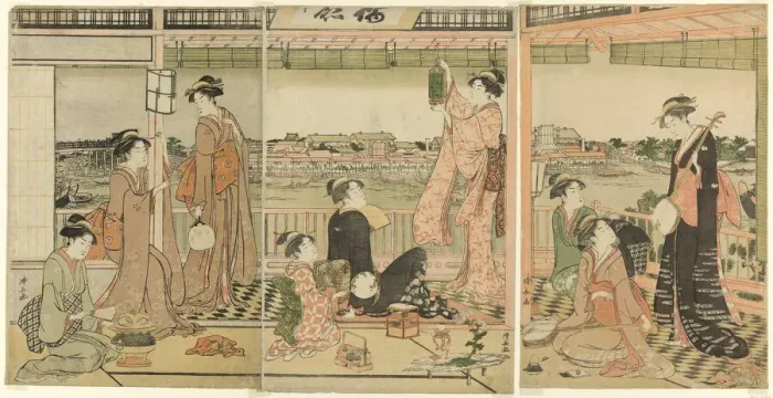 Framed Print : A Party Viewing the Moon Across the Sumida River, c. 1787. Creator: Torii Kiyonaga Framed Print : A Party Viewing the Moon Across the Sumida River, c. 1787. Creator: Torii Kiyonaga