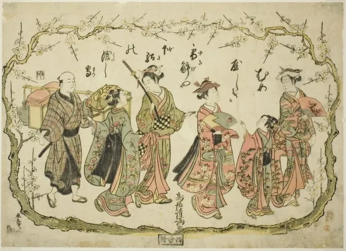 Framed Print : Party on their way to view plum blossoms, c. 1764. Creator: Torii Kiyomitsu Framed Print : Party on their way to view plum blossoms, c. 1764. Creator: Torii Kiyomitsu