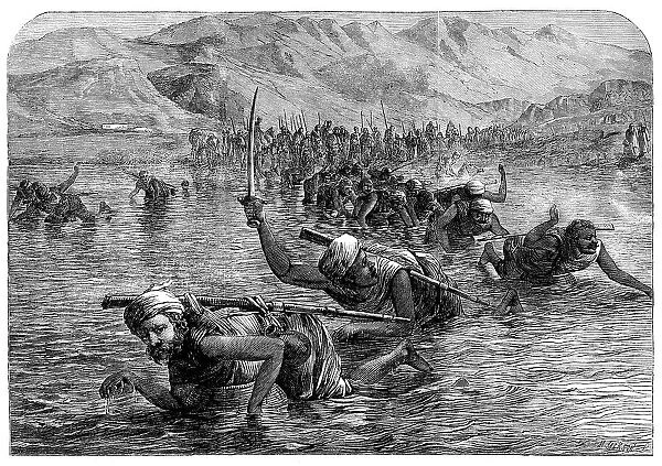 A party of Wuzurees crossing the Indus on water-jars, 1864. Creator: Mason Jackson