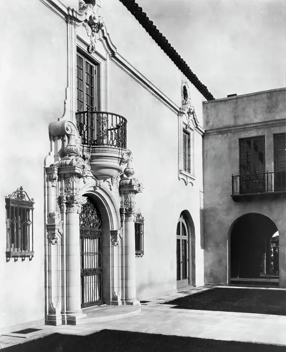 Framed Print : Pasadena, California, Mrs. Herbert Coppell home - detail of ornate doorway and balcony above, 1917. Creator: Frances Benjamin Johnston Framed Print : Pasadena, California, Mrs. Herbert Coppell home - detail of ornate doorway and balcony above, 1917. Creator: Frances Benjamin Johnston