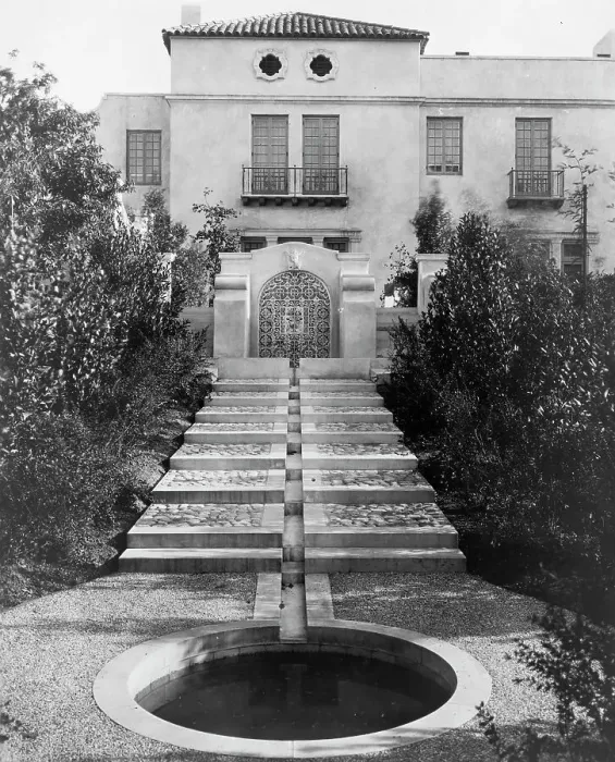 Framed Print : Pasadena, California, Mrs. Herbert Coppell home - pond at foot of long stairway leading... 1917. Creator: Frances Benjamin Johnston