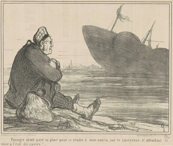 Framed Print : Passager ayant payé... pour se rendre a New-York, 19th century. Creator: Honore Daumier