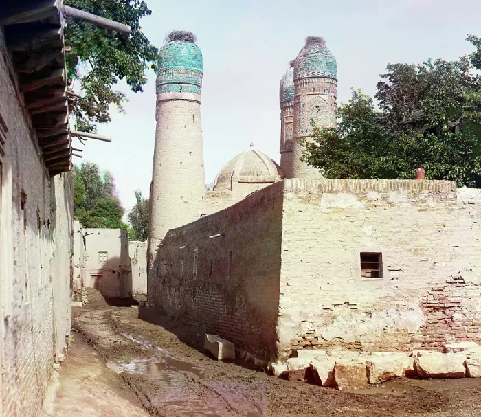Framed Print : Passageway and three minarets topped with birds nests, between 1905 and 1915. Creator: Sergey Mikhaylovich Prokudin-Gorsky Framed Print : Passageway and three minarets topped with birds nests, between 1905 and 1915. Creator: Sergey Mikhaylovich Prokudin-Gorsky