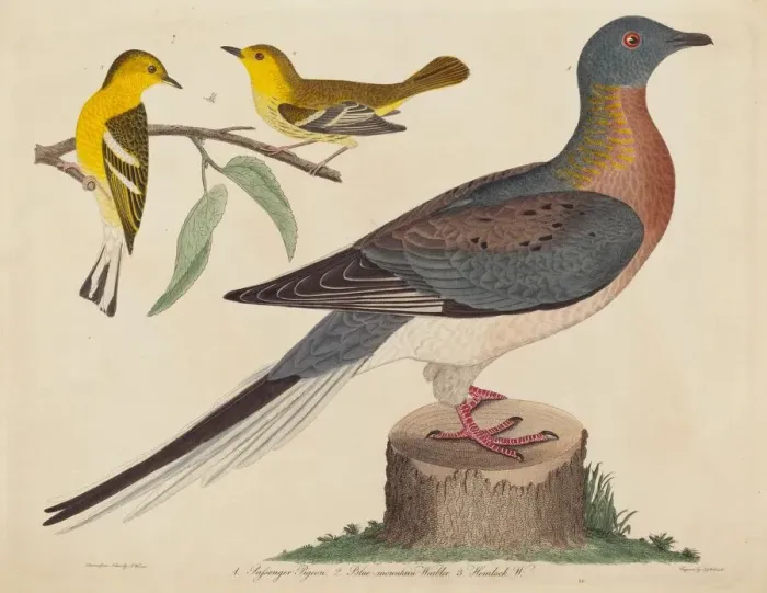 Framed Print : Passenger Pigeon, Blue-mountain Warbler, and Hemlock Warbler, published 1808-1814